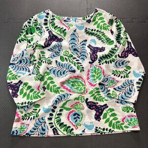 CK Bradley Womens Leaf Print Top Small Green & Blue Long Sleeve